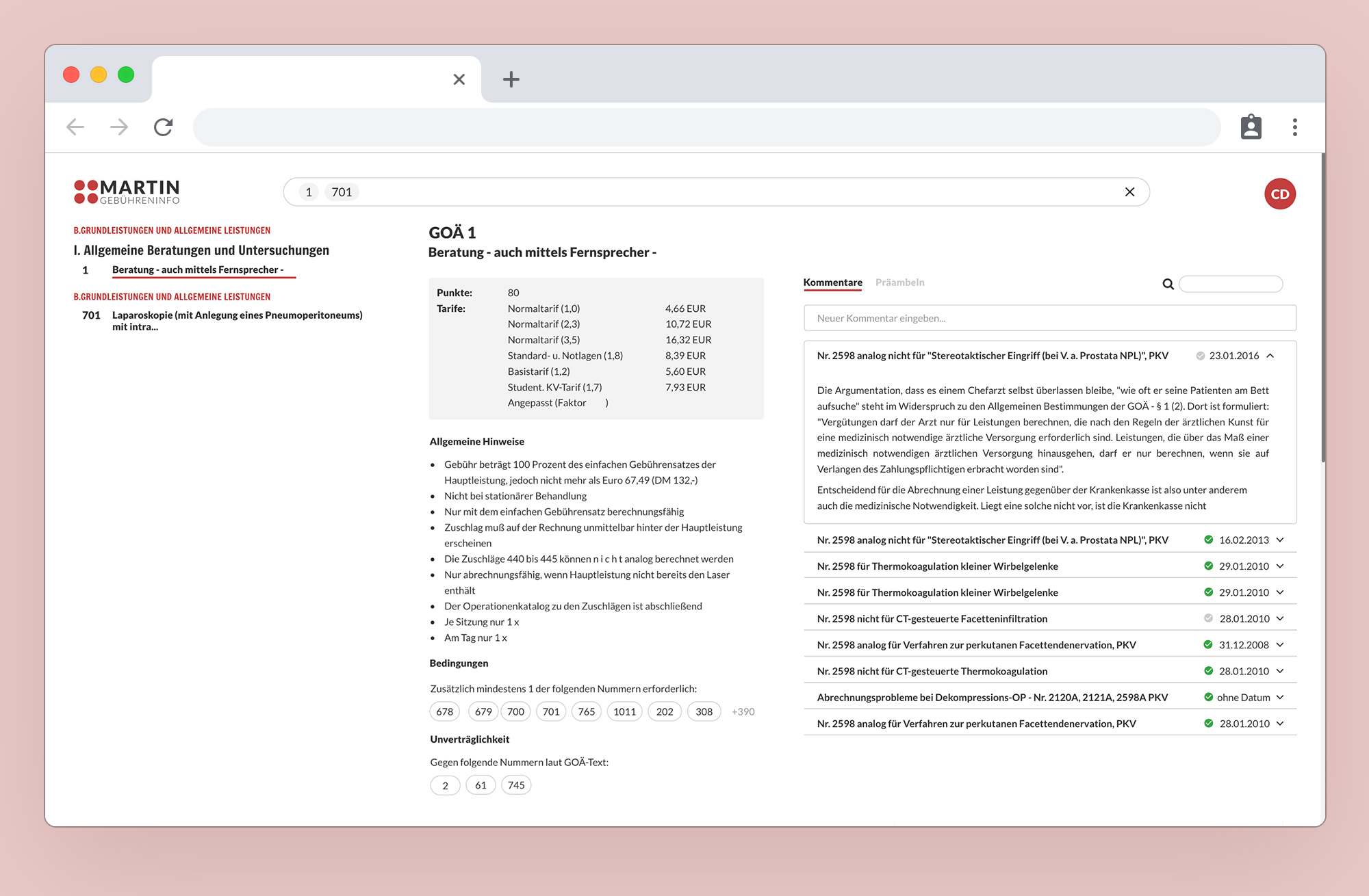 Beispielhafte Ansicht vom red6 Serviceprodukt Martin Gebühreninfo
